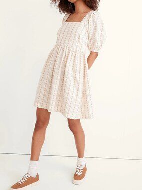 Retro Square-Neck Puff-Sleeve Mini Dress in Jacquard Stripe